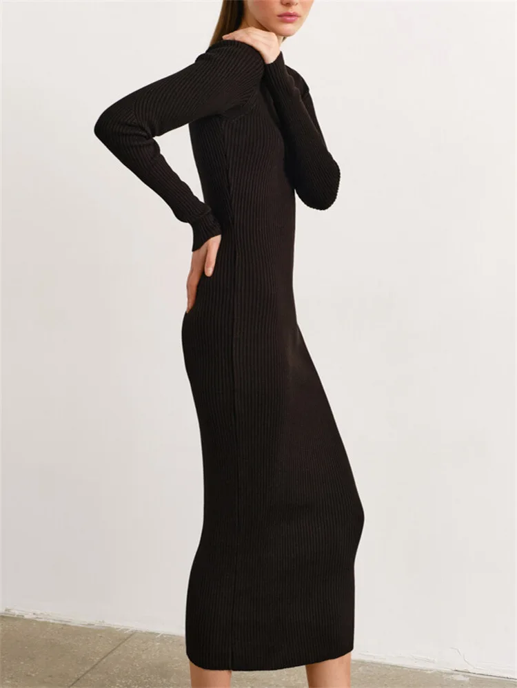 Gebreide lange bodycon jurk ribtextuur met ronde hals slanke corchet maxi-jurken elegant kerstfeest herfst winter