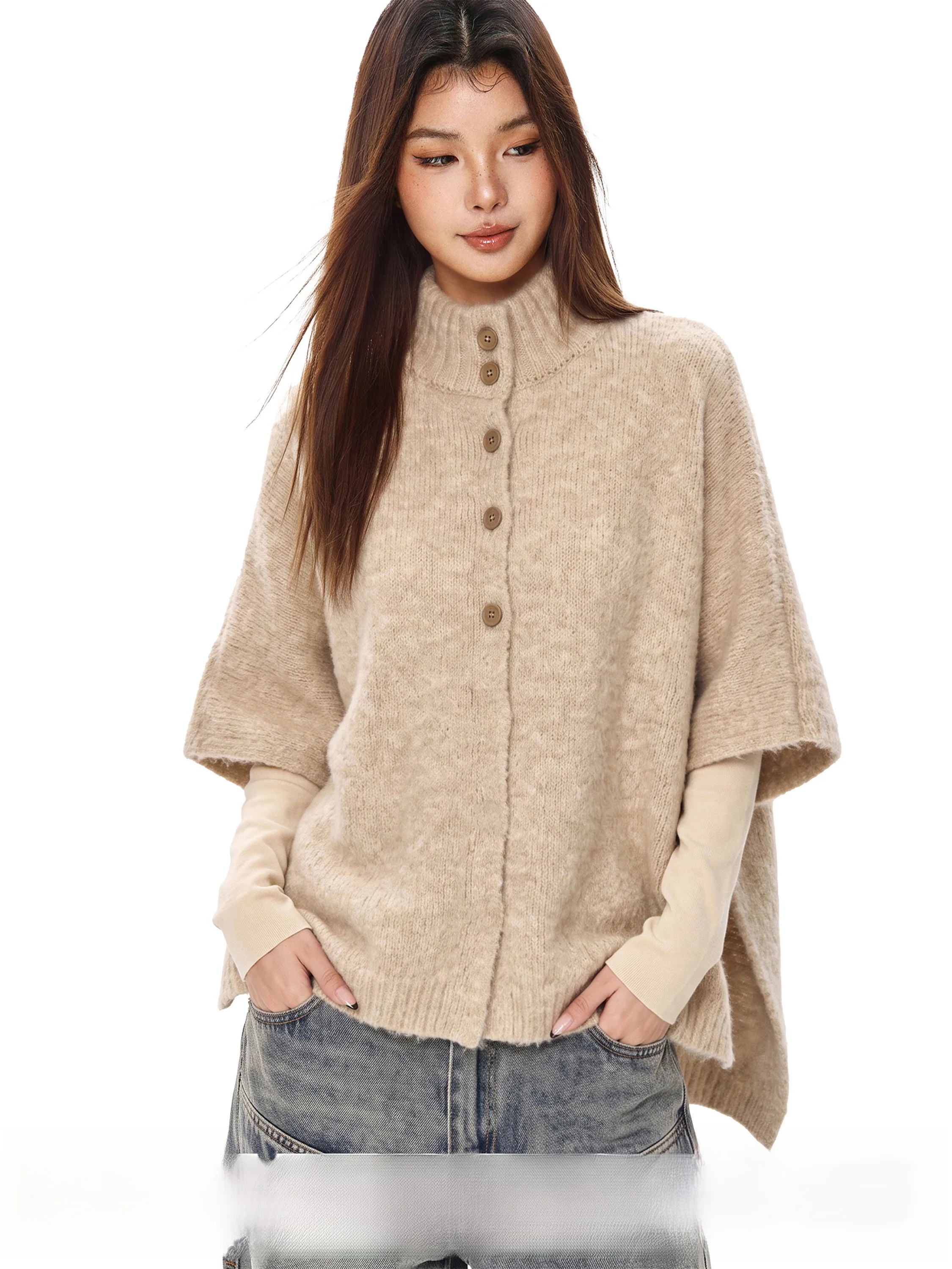 Khaki Half High Collar Cloak Sleeveless Knitted Sweater Cardigan Women's Autumn Winter Outerwear Design Sensation  Knitwear