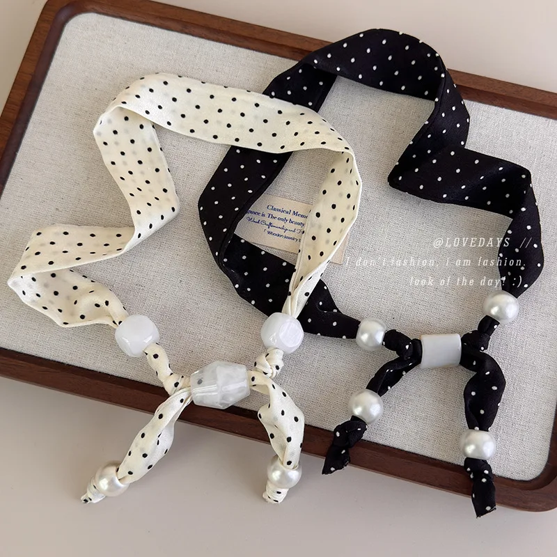 Polka Dot Beaded Scarf Necklace Women Adjustable Fabric Choker Chain Unique Premium Lightweight Non Slip Daily Use Party Office