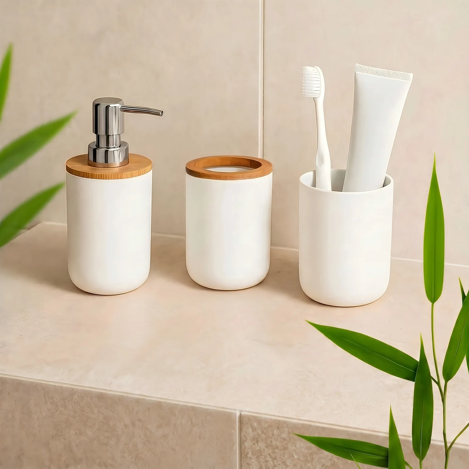 

White Bamboo Soap Dispenser Natural Tough Eco Friendly Lotion Bottle Dispenser Toothbrush Holder Tumbler for Bathroom Countertop