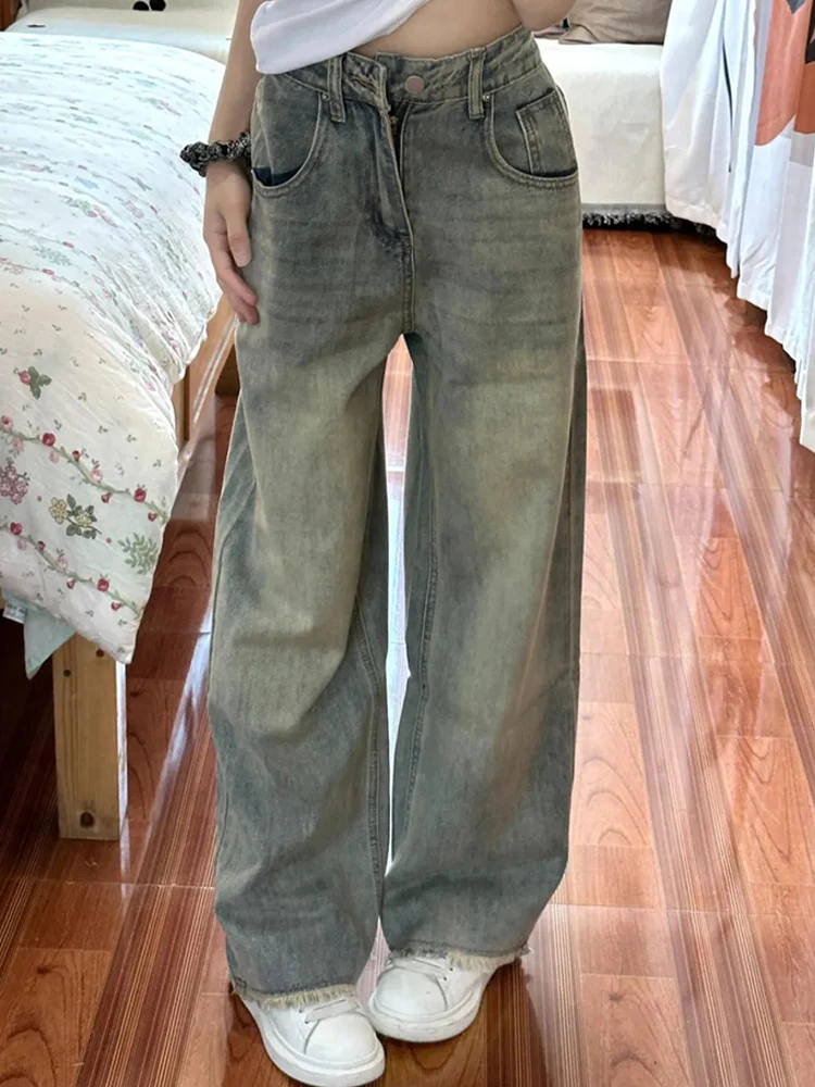 Retro yellow mud wide leg jeans women in autumn new high waist loose fit rough edges design straight leg long pants