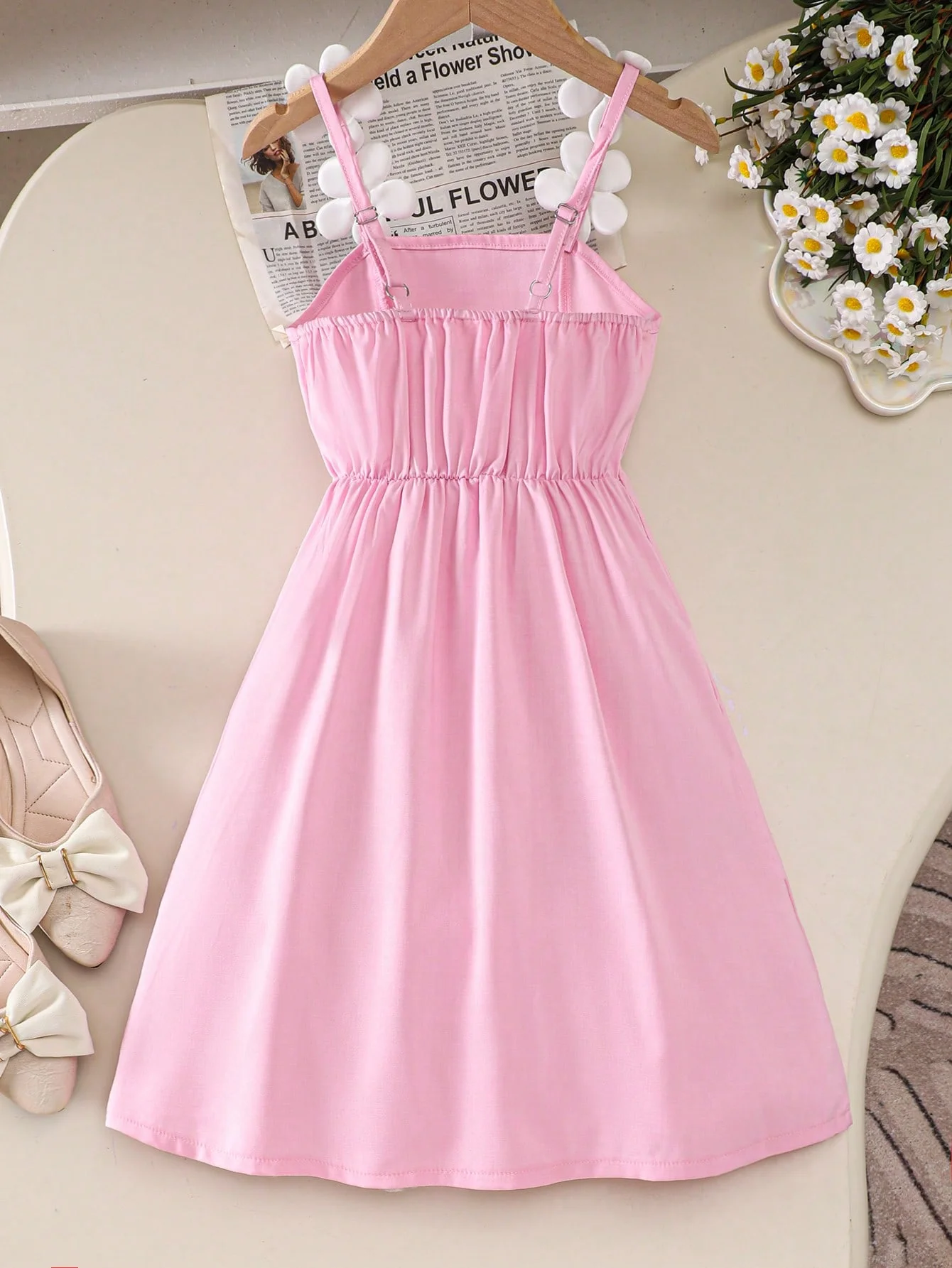 Girls' Summer Pink 3D Flower Cami Dress, Sweet Style Kids Sleeveless Sundress for Beach Vacation