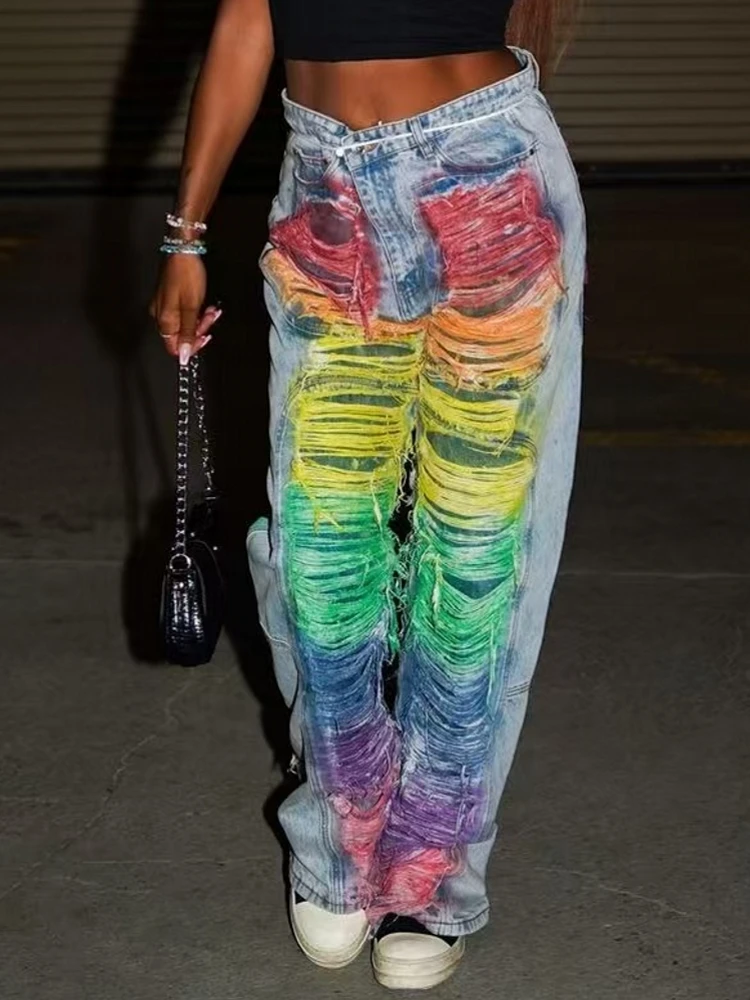 

Spring Autumn Hollow Out Jeans For Women High Waist Patchwork Zipper Casual Wide Leg Pants Female Fashion Clothing New