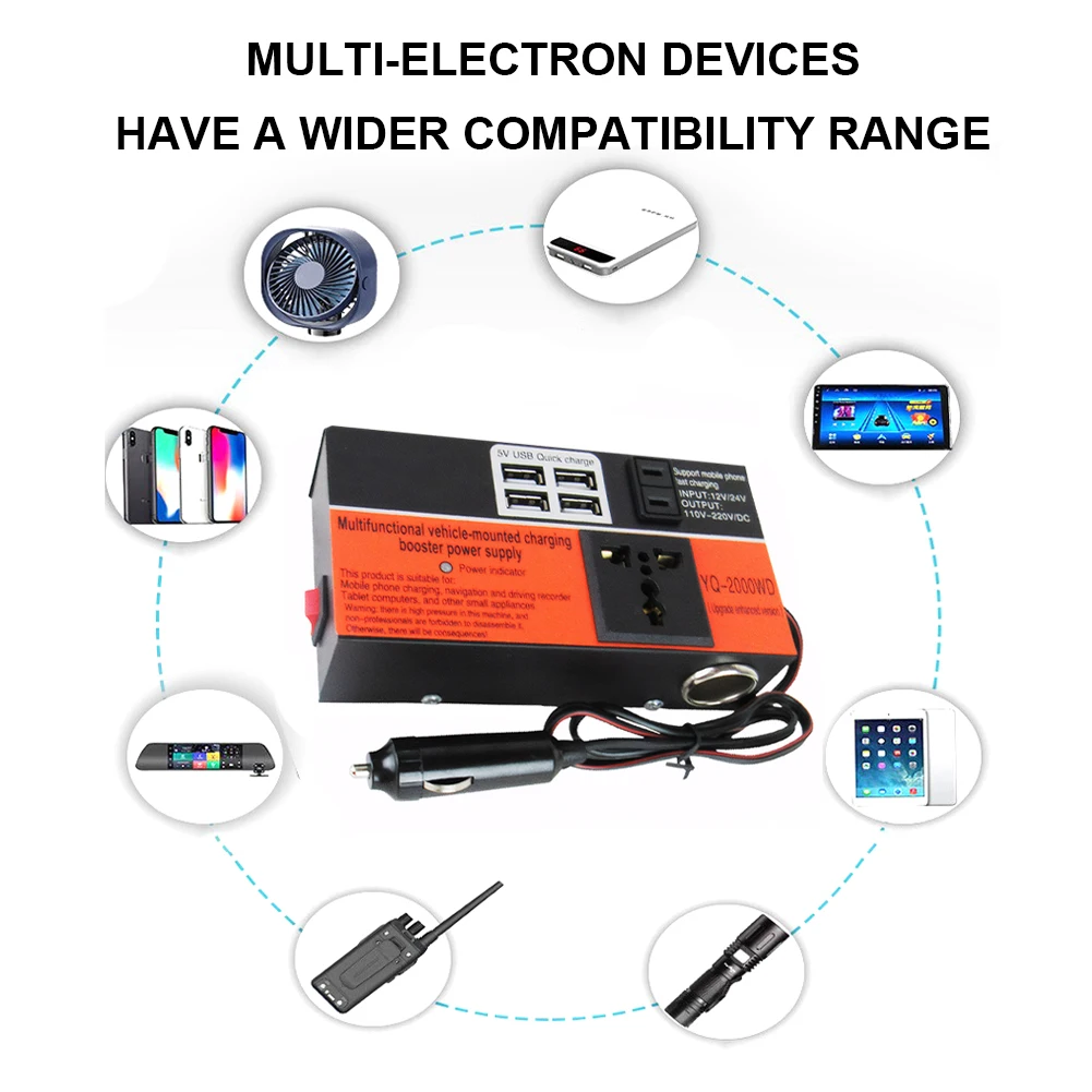 

Автомобильный инвертор мощностью 200 Вт с 4 портами USB, 12 В, 24 В постоянного тока в переменный ток 110 В, 220 В, преобразователь напряжения, трансформатор напряжения для портативного компьютера