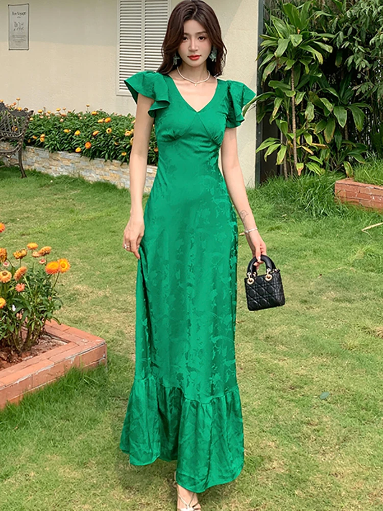 2024 Green Jacquard Satin Luxury Ruffled Long Dress Summer Short Sleeve V-Neck Casual Dress Women Korean Vintage Bodycon Dresses