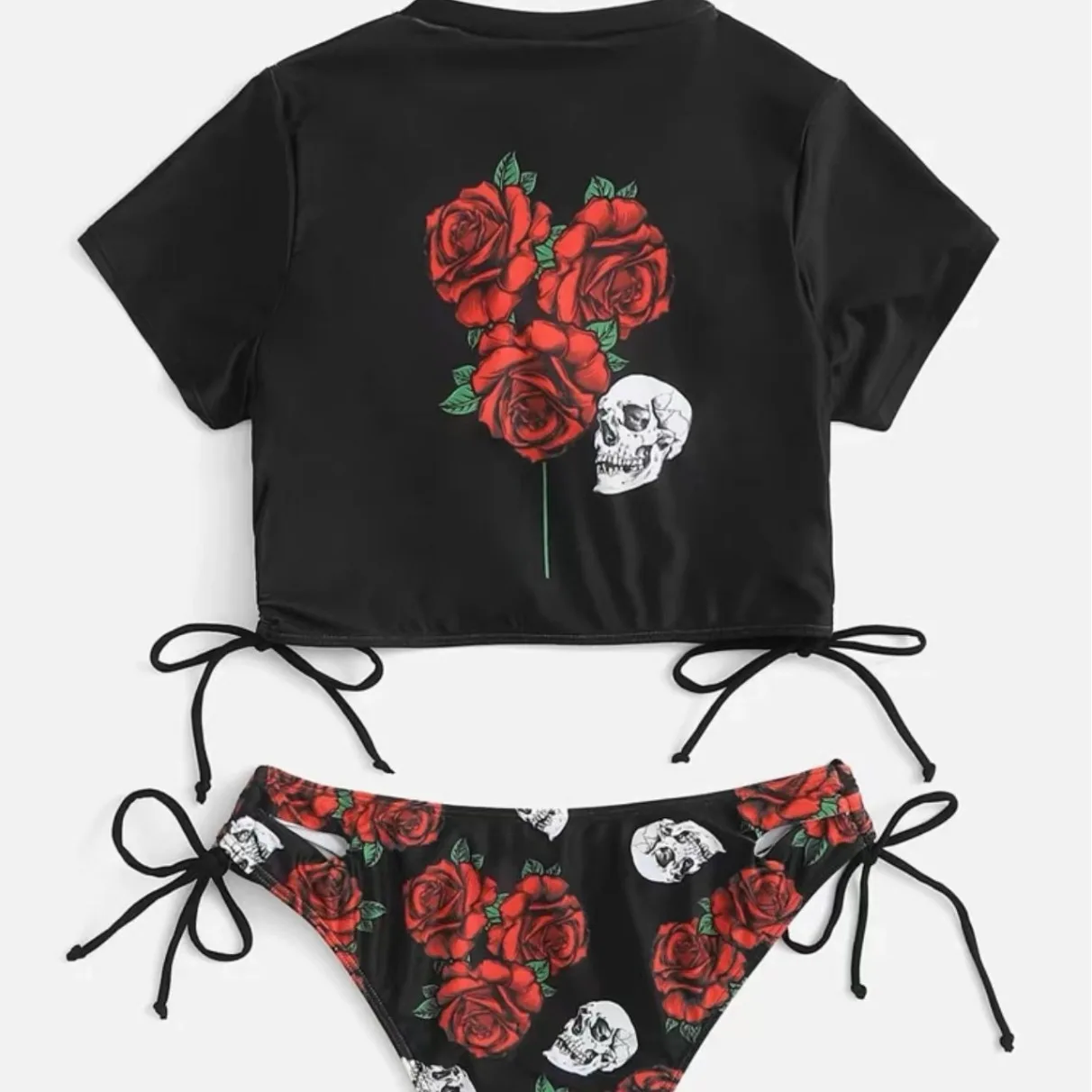 Neuer Split-Bikini-Badeanzug mit fester Platte und einzelnem Rosendruck und Kordelzug