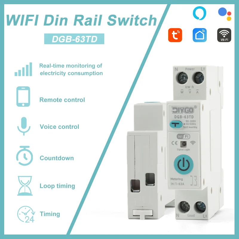 

DGB-63TD 1P+N 63A Din Rail Tuya WIFI Smart Circuit Breaker Timed Metering Adjustable Current & Leakage Protection For Smartlife