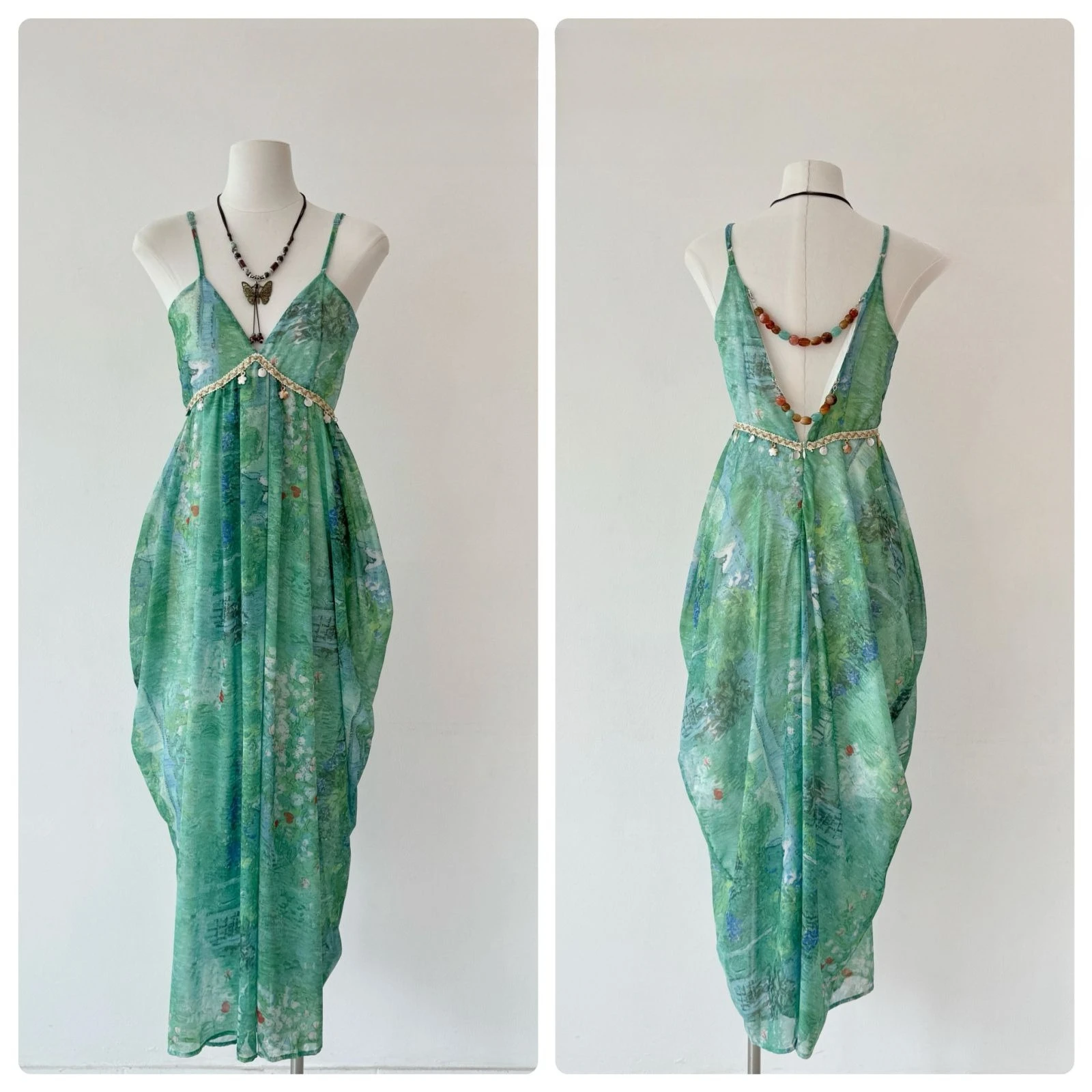 Slimming V-Neck Waisted Summer Dress Women's Holiday Style Green Field Fairy Tale One Sweet Peach Yikett Sleeveless Midi Dress