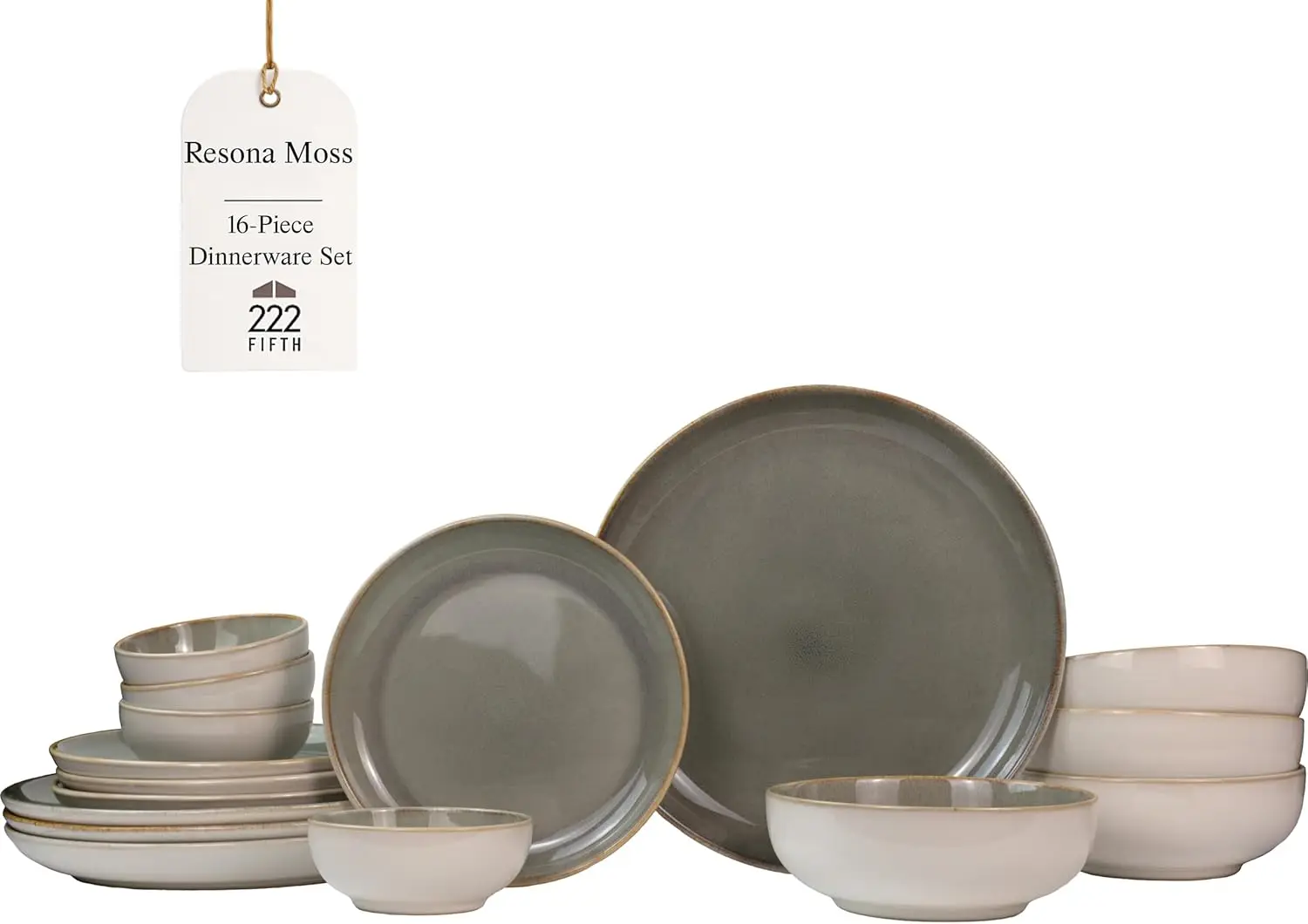 

16-Piece Stoneware Dinnerware Set for 4, Glossy Cream/Green Plates and Bowls Sets with Reactive Glaze, Ceramic Dish Set