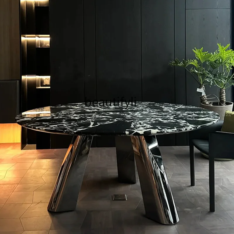 Natural Marble round Table Stone Black Modern Minimalist Italian Light Luxury round Dining Table