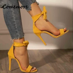 Comemore Summer Ladies Sexy Thin Heel Sandals Women's Fashion Bow High Heels Solid Color Sexy Sandals Yellow Pumps Women Shoes