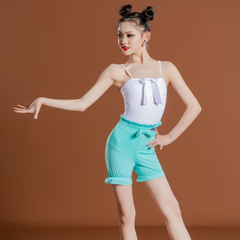 Girls Latin Dance Clothes Kids Samba Rumba Dance Practice Wear Sleeveless Bodysuit Mint Green Shorts ChaCha Dancewear DL10047