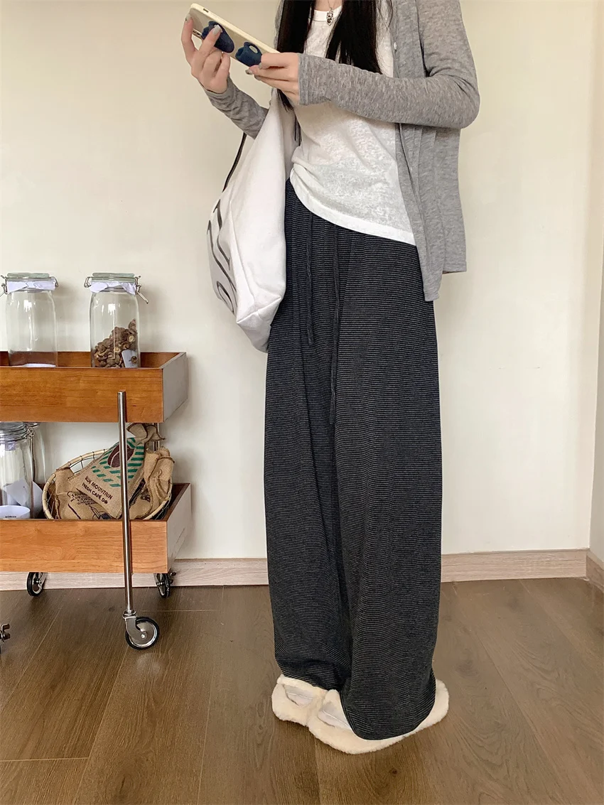 Arazooyi Autumn Stripes Mopping Trousers Chic Loose Casual Elastic Waist All Match Fashion Straight Wide Leg Office Lady