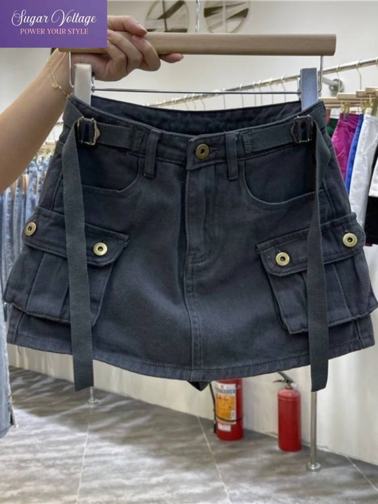 

Сексуальная мини-юбка в американском стиле ретро, женская тонкая джинсовая юбка трапециевидной формы с высокой талией и карманами, шикарная повседневная корейская модная юбка