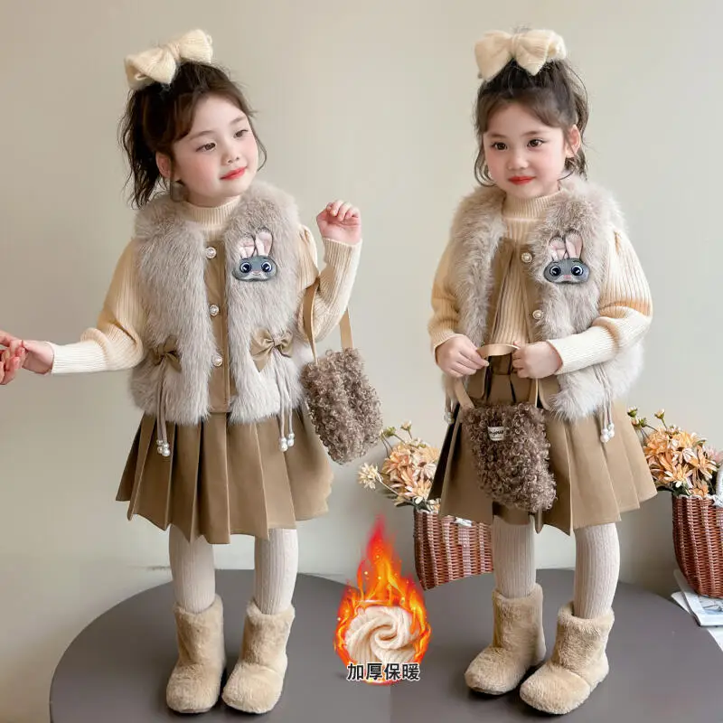 

3Pcs Zootopia Judy Hopps Faux Fur Vest Sweater Pleated Skirt Suit Spring Cute Disney Bunny Cop New Children Fashion Kids Set