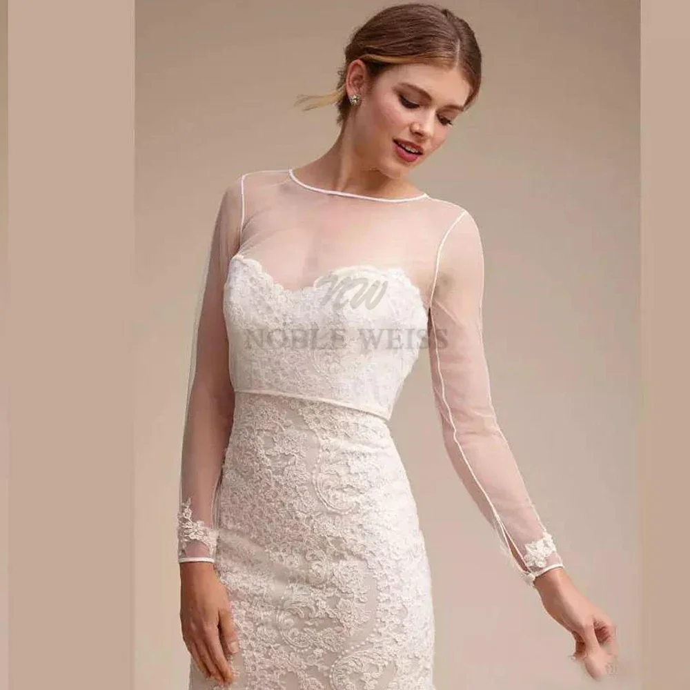 Scoop Neck Long Sleeve Wedding Bolero Appliques Sheer Wedding Wraps Coat Buttons Back Bridal Jacket Customized