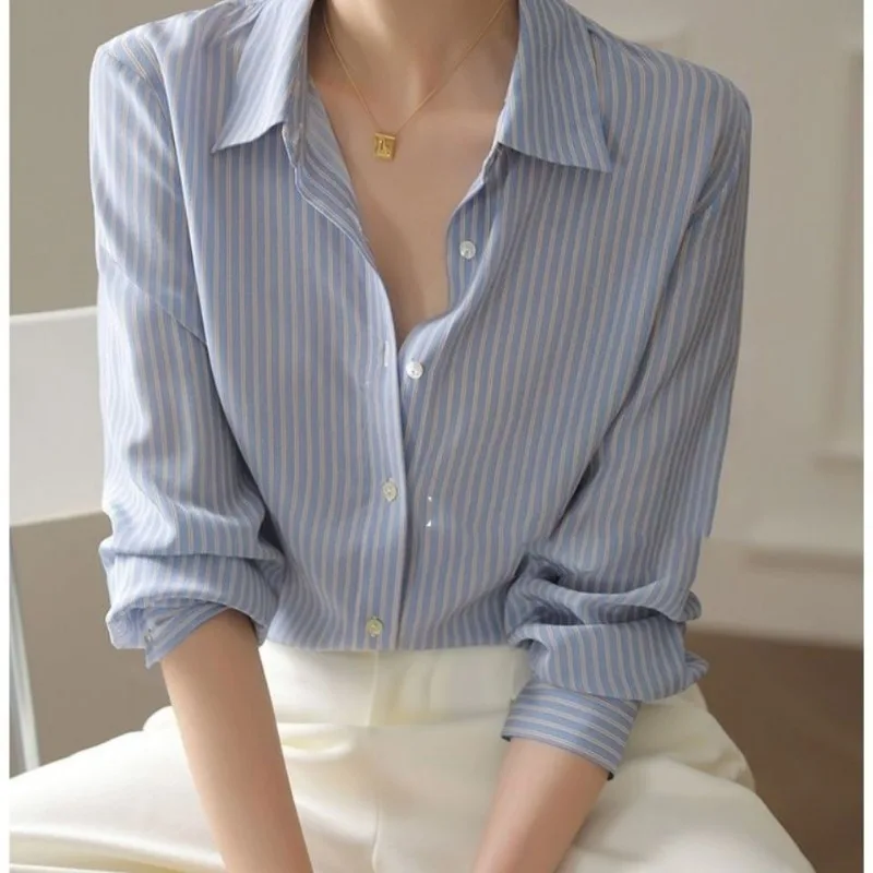 QWEEK Chiffon Striped Long Sleeve Shirt Woman Office Ladies Button Up Blouse Female Summer Korean Old Money Style Aesthetic 2024