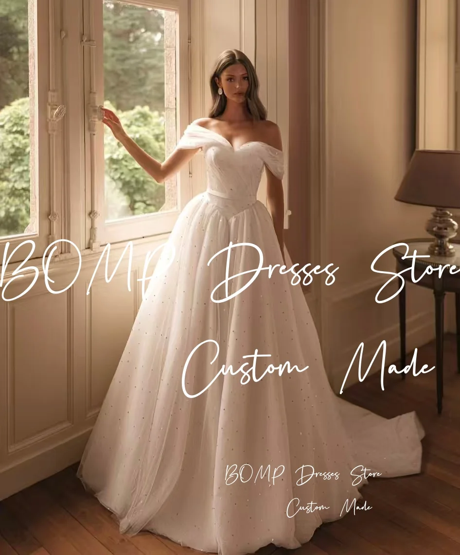 BOMP プリンセス スパンコール ウェディングドレス オフショルダー ドレープ スイープ トレイン Aライン アイボリー オーガンザ ブライダルガウン カスタマイズされたローブ・デ・マリエ