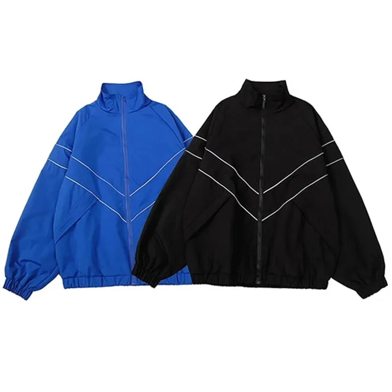

Светоотражающая полосатая куртка, ветровка, пальто, мужская уличная одежда в стиле хип-хоп, куртка на молнии, тонкие пальто в стиле Харадзюку, спортивные черные, синие