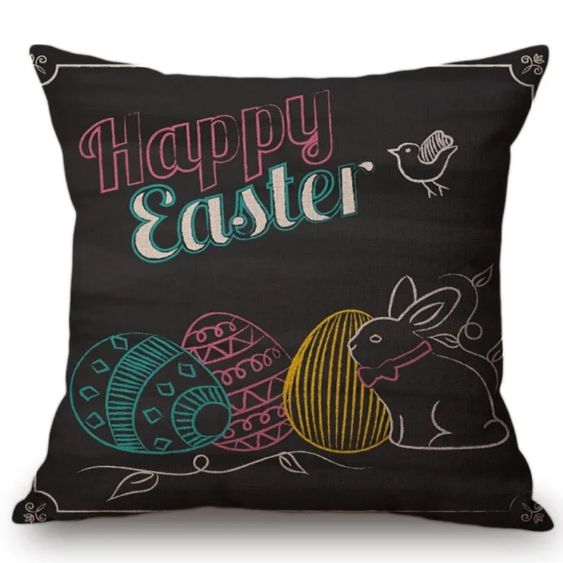 Happy Easter Vintage Style Eggs Rabbit Pattern Chair Cushion Cover Easter Egg Cute Cartoon Sofa Decoration Throw Pillow Case - view 5
