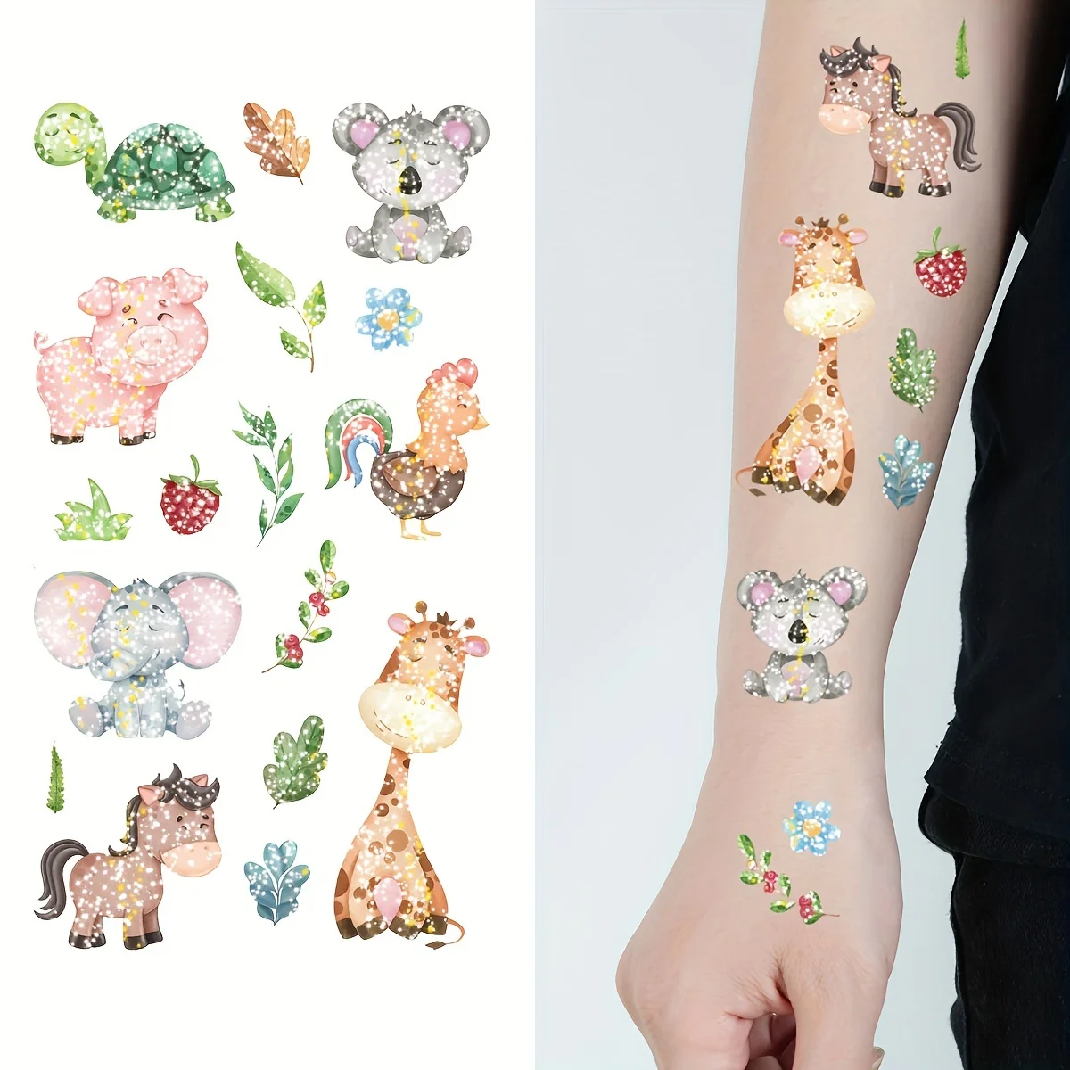 10pcs Sparkly Glitter Tattoo Stickers for Kids Cartoon Animal Elephant Hedgehog Duck Temporary Fake Tatoo Hands Body Girls Boys