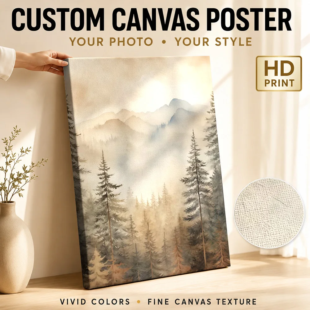 Mountain Forest Landscape Framed Canvas Print Personalized Photo Detailed Painterly Composition Wall Art For Lodge Reception