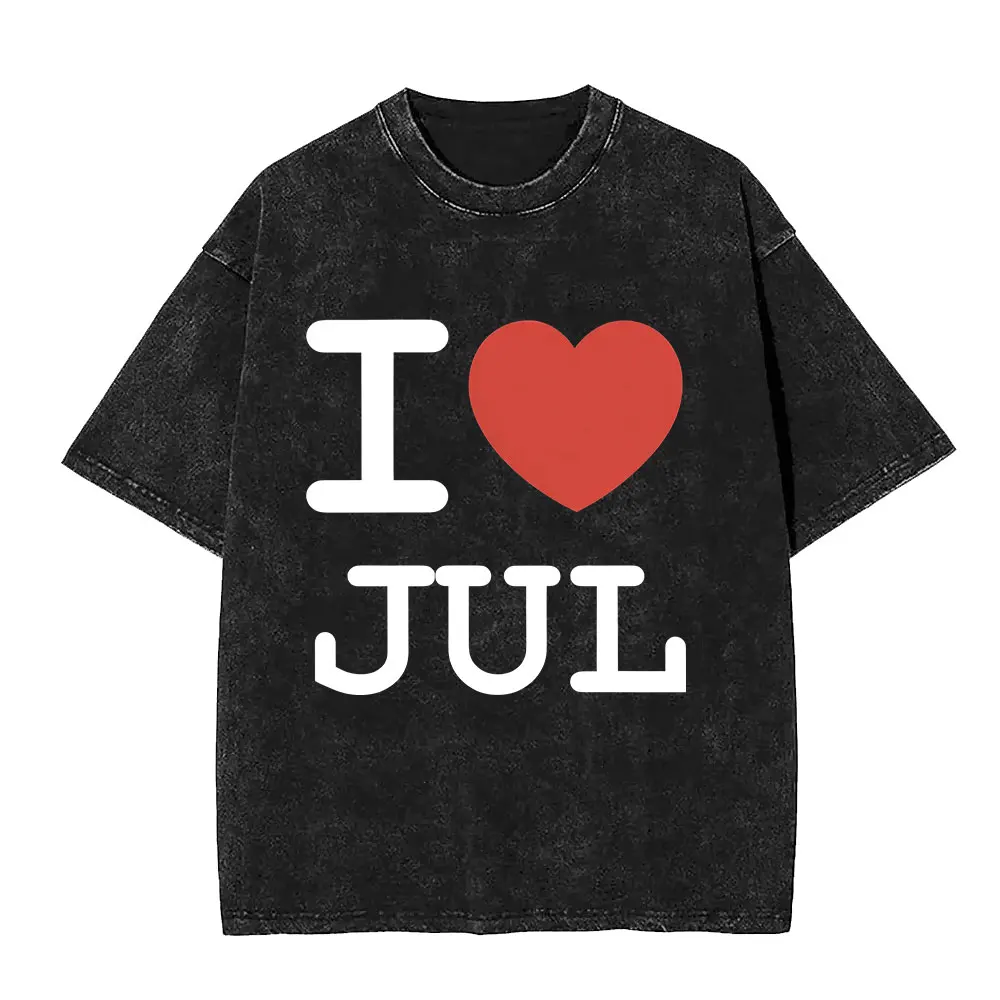 

Washed I Love Jul Heart T-Shirts France Rapper Men's Women Vintage Hip Hop T Shirt Short Sleeve Oversized Casual Tees Fans Gifts