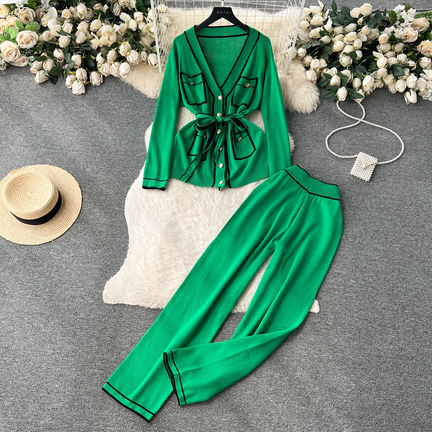 Women Knitted Cardigan Outfits Sets Long Sleeve Loose V Neck Lace Up Sweater + Wide leg Pants Suits Outwear
