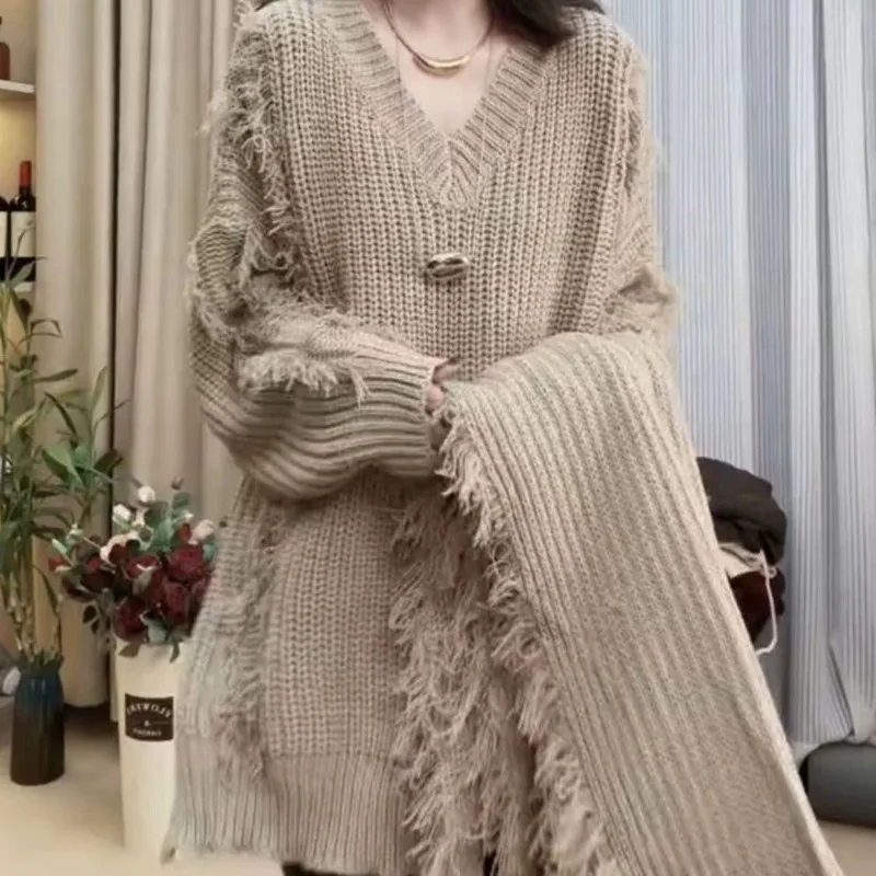 (مبيعات المصنع مباشرة) الخريف والشتاء الصناعة الثقيلة مهدب سترة برقبة على شكل حرف v + وشاح قطعتين مجموعة المرأة كسول الرياح سبليت #4