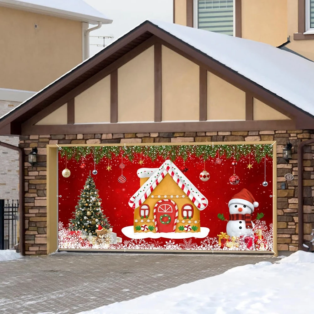 Red Christmas Garage Door Banner Cover Large Merry Xmas Backdrop Door Decor Winter Holiday Background Garage Door Wall Decor