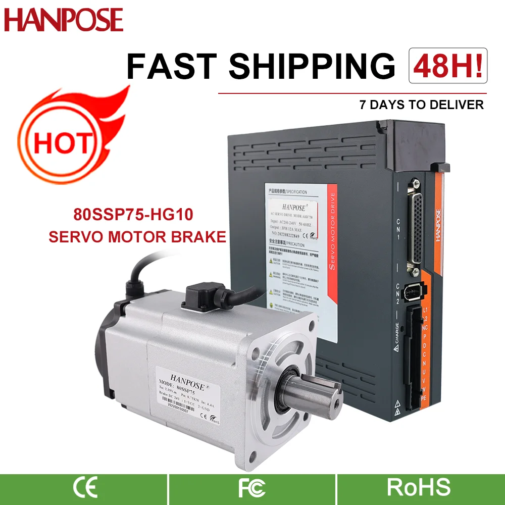 hanpose 80SSP75 2.39N.m ASD275 Servo Motor Drive AC200V+3M Encoder Cable CNC Medical Equipment 750W AC Servo Motor With Brake