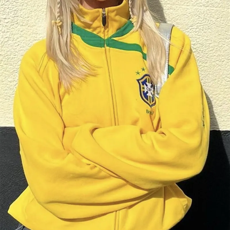 Y2k الشتاء خمر الموضة الأمريكية الجديدة البرازيل التطريز زمم هوديس المرأة عادية فضفاض الدافئة البلوز Harajuku سترة معطف #3