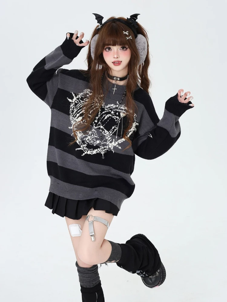 QWEEK Skull Heart Love Print Striped Sweater Gothic Goth Hrajuku Vintage Y2k Coquette Star Pullovers Knitted Knit Top 2024