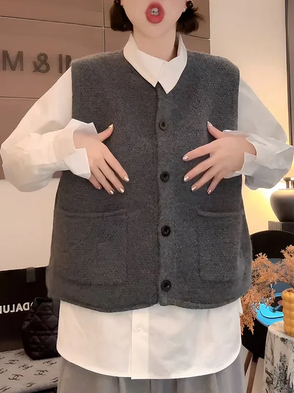 

Женский вязаный жилет больших размеров, осенне-зимний, новый, свободный, для многослойных образов, повседневный, с круглым вырезом, на одной пуговице