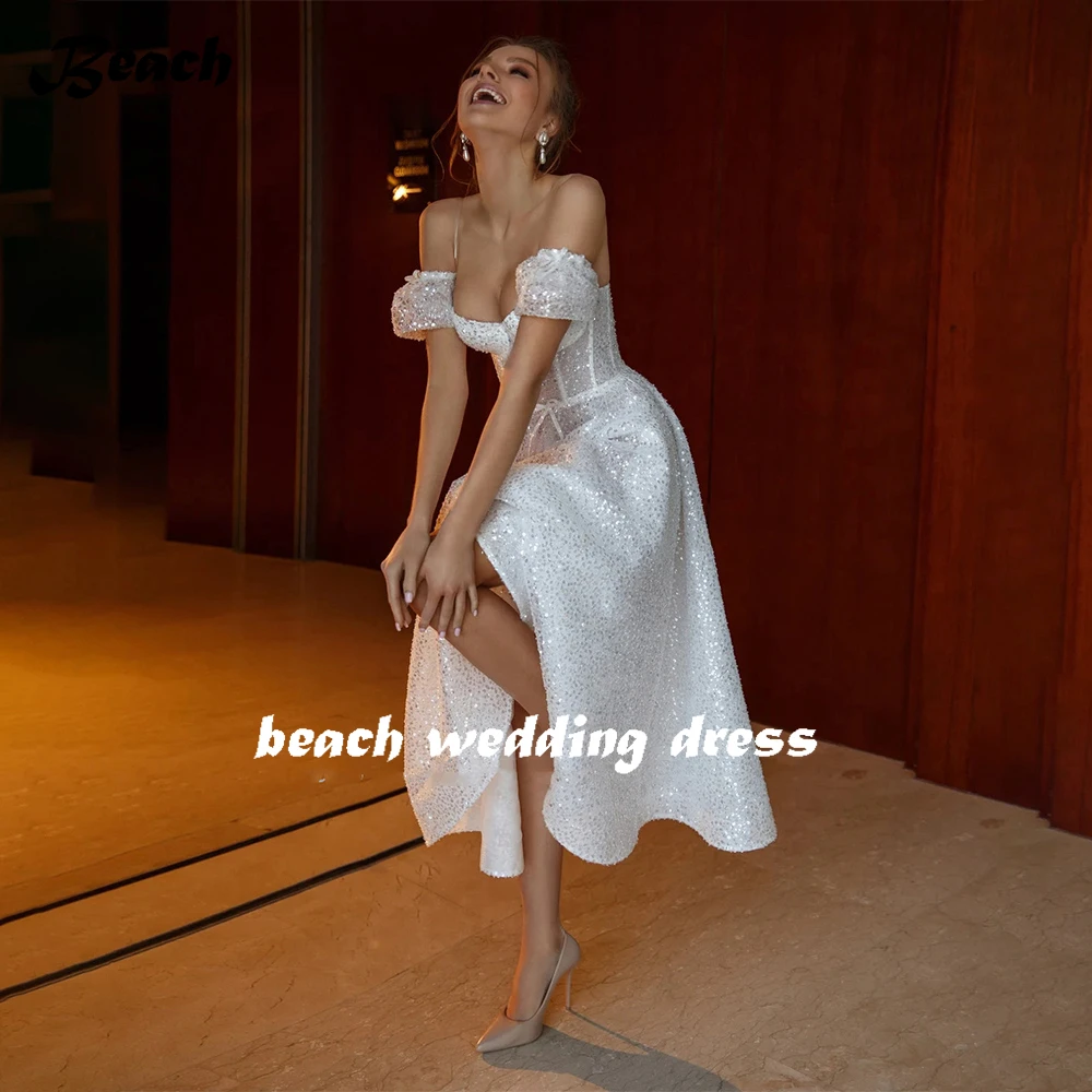 BEACH Short Sexy Sweetheart Sequin Summer Wedding Dress With Detachable Short Sleeves Tea-Length Robe De Gittler Sheer Back