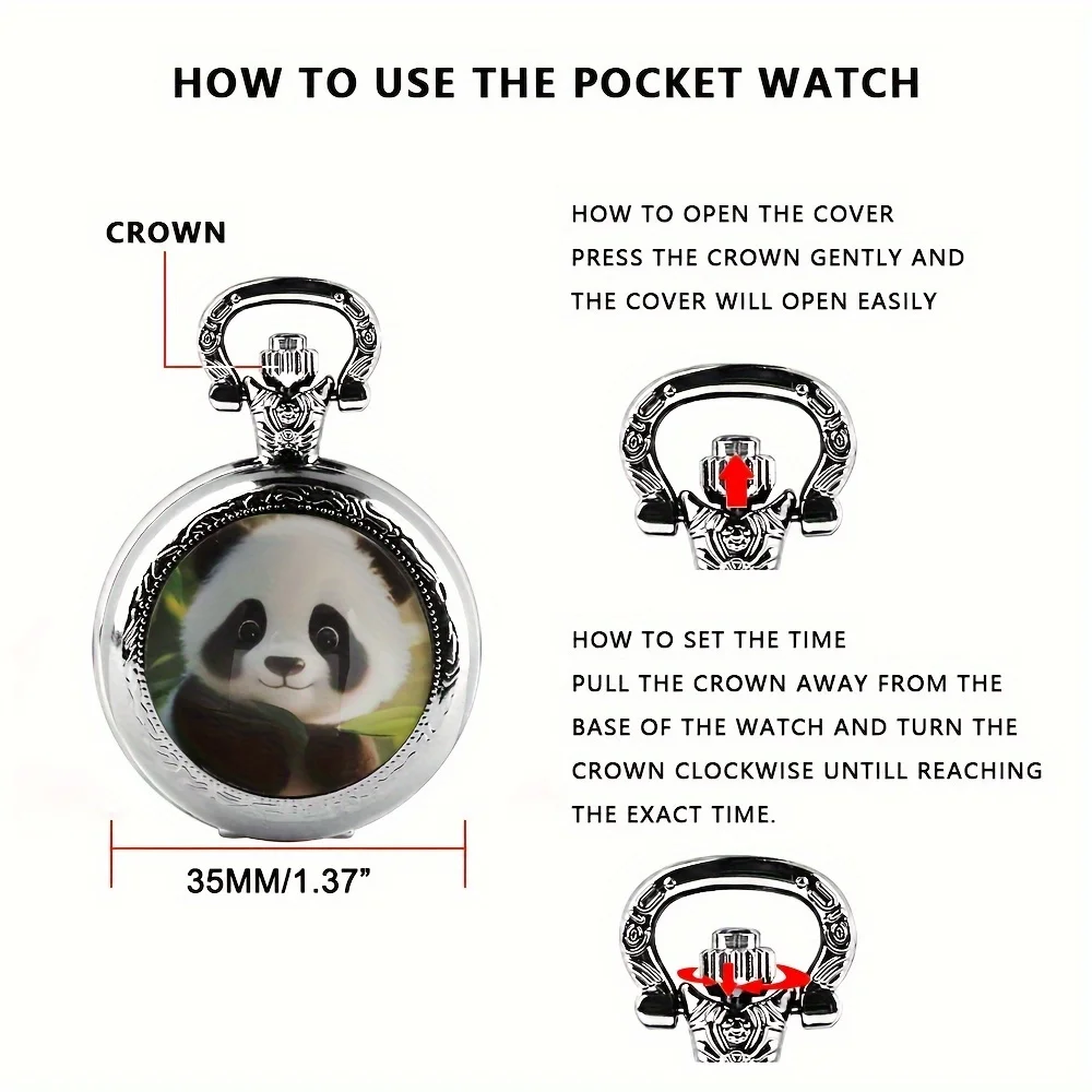 Silver Stainless Steel Cute Panda Glass Dome Quartz Pocket Watch Necklace Kids Children Jewelry Pendant Chain Clock Gift