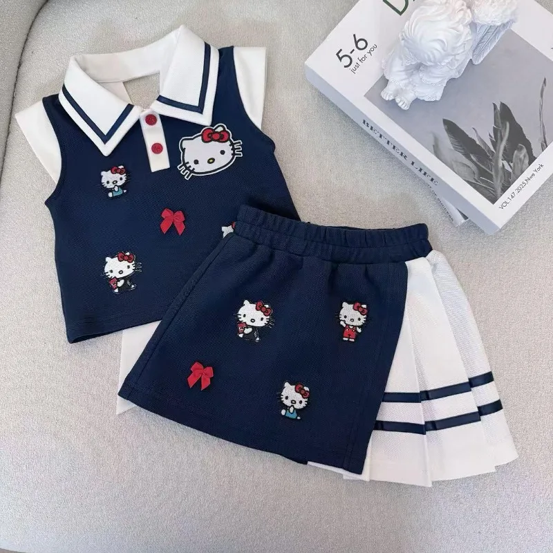 

Girly Heart Hello Kitty Anime Kawaii Sanrio Children Short Sleeve Skirt Shirt New Cute Cartoon Children Fashionable Vest Gifts