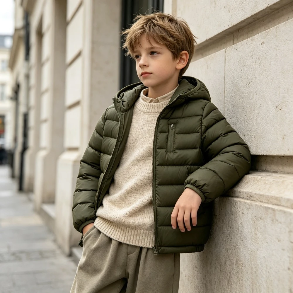 Kids Hooded Windbreaker Jacket Quilted Padded Coat Zipper Pocket Boys Girls Warm Outwear School Commute Outdoor Autumn Winter