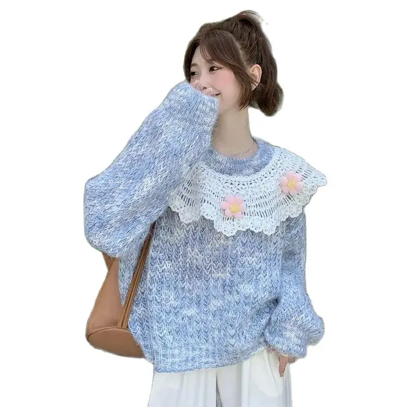 Korea Sweater Women Sweet Patchwork Knitted Top Korean Fashion Kawaii Knitwear Sweaters Girly Y2k Clothes