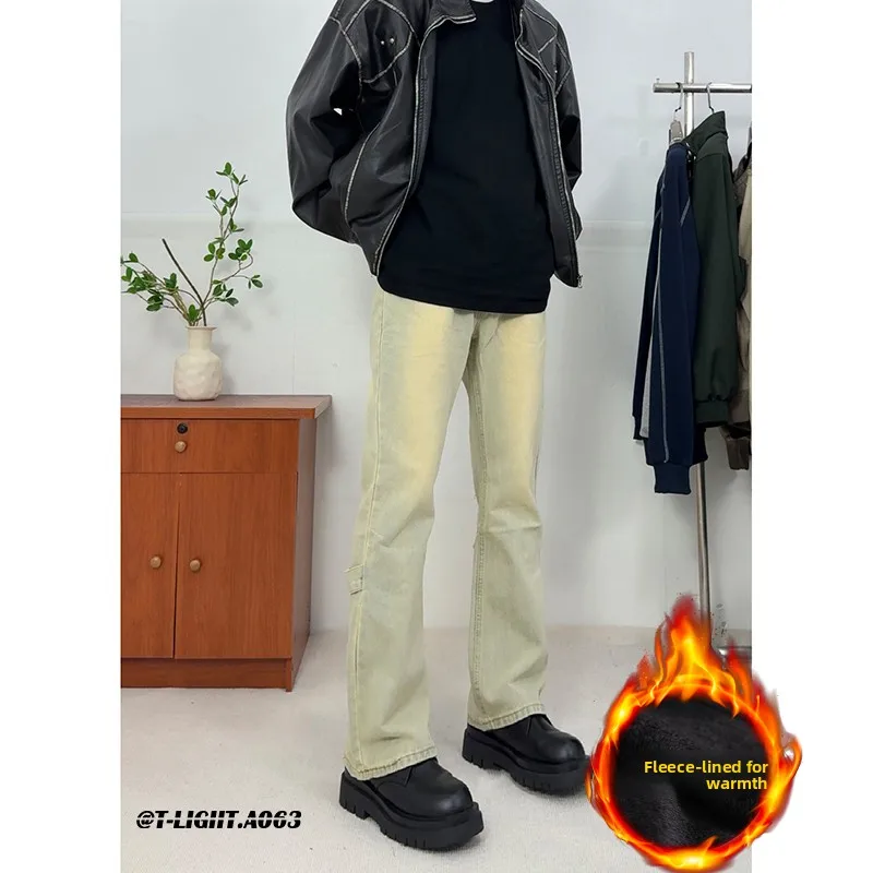 

Теплые мужские джинсы прямого кроя на флисовой подкладке, цвет грязно-желтый, Cleanfit Sle, для осени и зимы, модная уличная одежда, удобные, хлопковые, D...