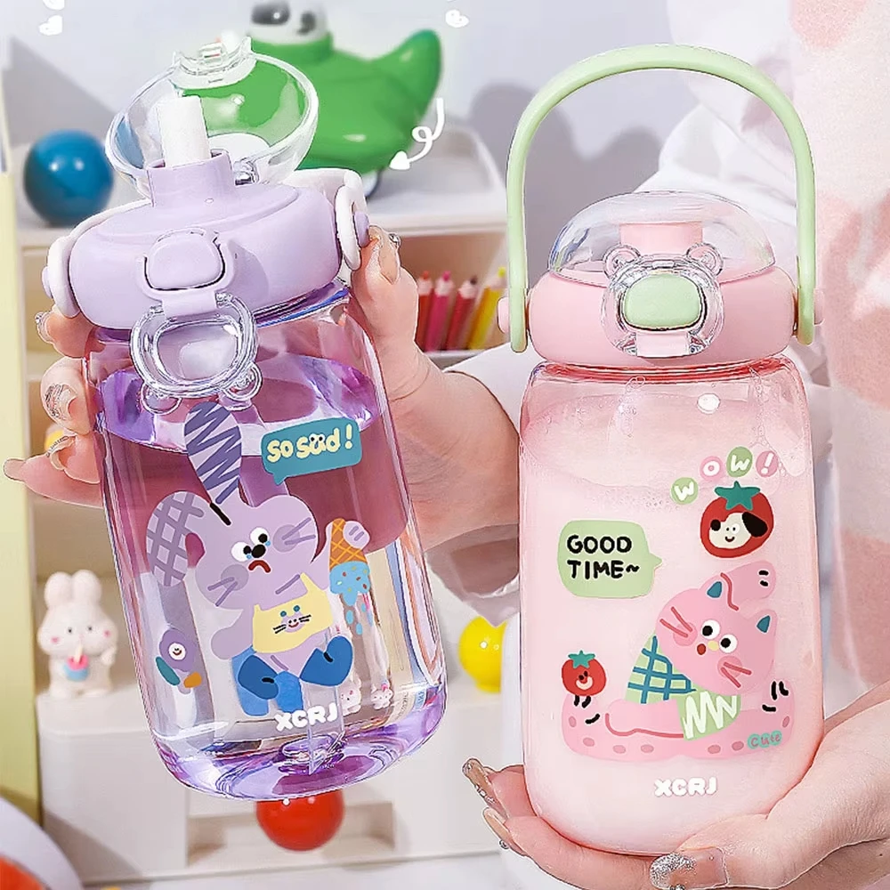 640ML Cute Kids Water Bottle With Straw Handle Plastic Water Cup Portable Cartoon Kettle For Outdoor Travel Children Cup