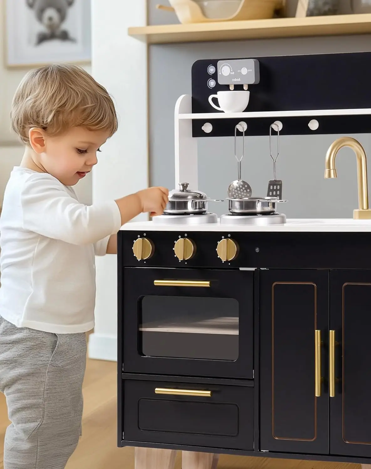 Play Kitchen Set - Wooden Marble-Style Kitchen Playset With Realistic Stove, Oven & Sink For Kids Ages 3+