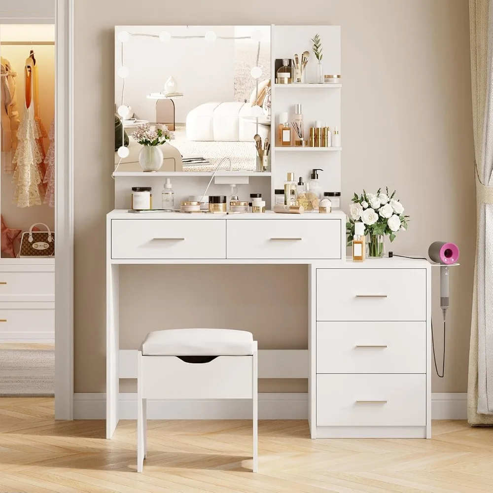 

Makeup Vanity Desk with Mirror, 3 Lighting Modes Adjustable Brightness, White Vanity Set Dressing Table with Power Outlet &Chair