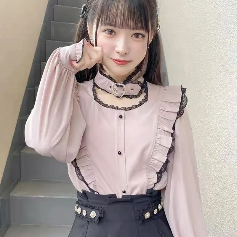 White Kawaii Women Lolita Shirts Bow Hearts Buckle Blouse Y2k Japanese Elegant Puff Sleeve Sweet Tops Office Ladies JK Shirt