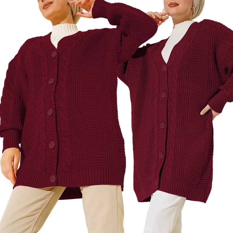 

Muslim Fashion Sweaters Autumn Winter Twist Knitted Cardigan Sweater Mid Length Single Breasted Knit Women's Sweater Coat
