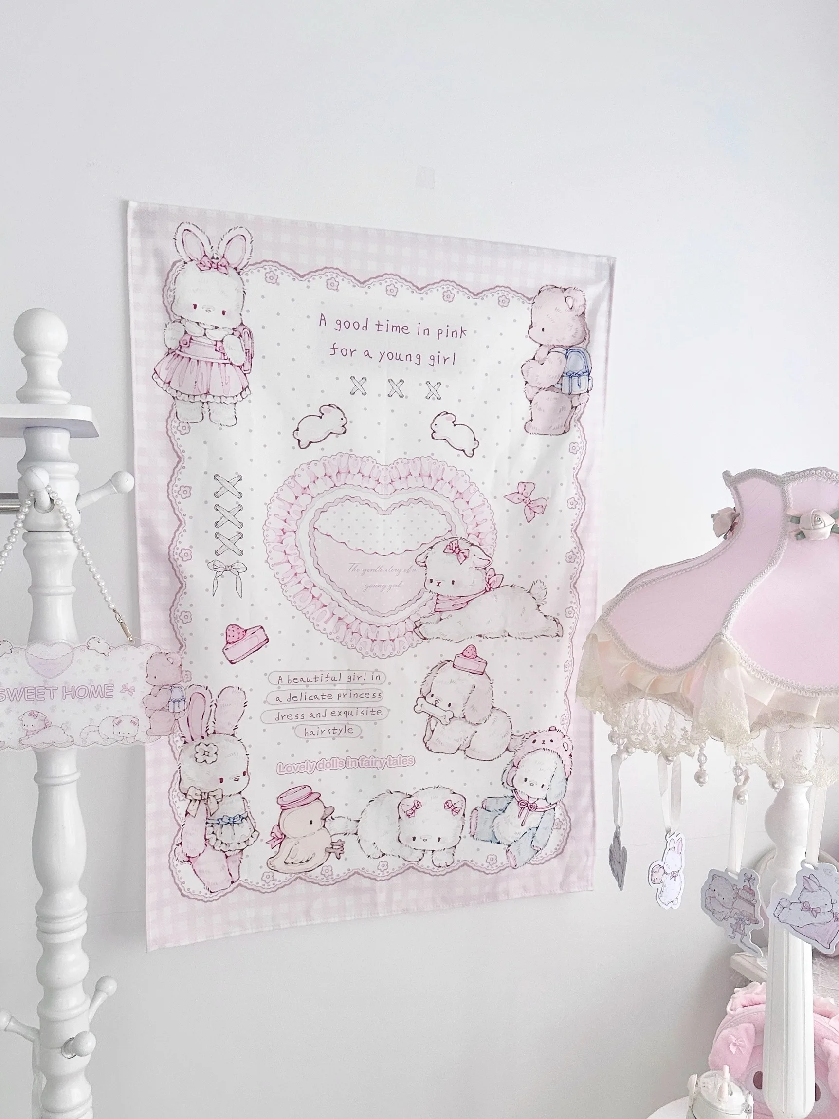 Kawaii Wohnkultur Wandbehang Tapisserie Anime Rosa Mädchen Tapisserie Wand Schlafzimmer Hintergrund Dekor Nette Mode Dame Wandteppiche