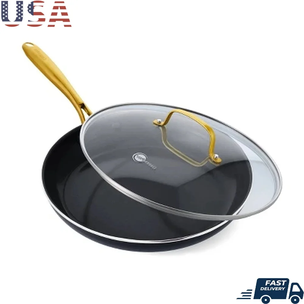 

12 Inch Ceramic Nonstick Fry Pan Heavy Gauge Aluminum Dishwasher Safe Glass Lid Corrosion Resistant Handle Healthy Cooking