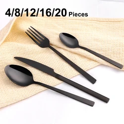 4/8/12/16/20 Pieces Black Cutlery Set Knife Spoon Fork Stainless Steel Tableware Mirror Dinnerware Kitchen Utensils Flatware