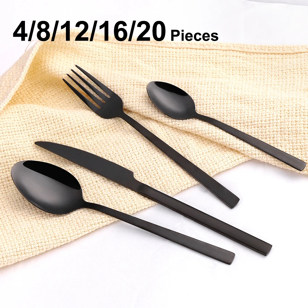 4/8/12/16/20 Pieces Black Cutlery Set Knife Spoon Fork Stainless Steel Tableware Mirror Dinnerware Kitchen Utensils Flatware