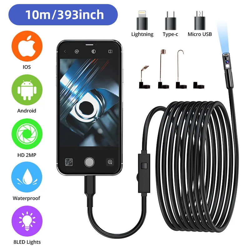 2MP HD Endoskop 3-in-1 Typ-C Inspektionskamera IP67 Wasserdicht 8 LED Schlangenkamera für iOS Android Auto Kanal Rohrleitung